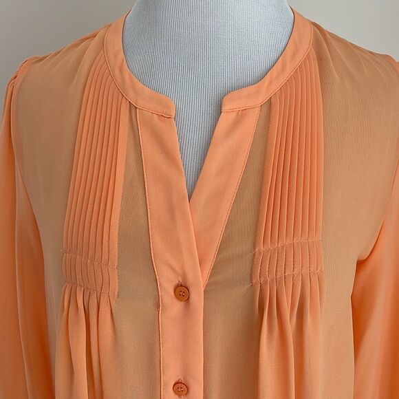 Sherbet orange button down blouse W/ front gather accents elastic sleeves size S - Picture 2 of 7